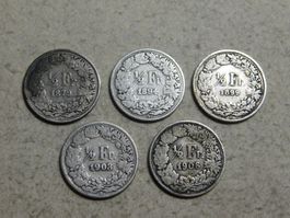5 x 50-Rappen Silber uralt - 1879/1894/1899/1903/1906