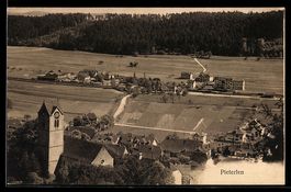 Pieterlen, Panorama mit Kirche, Dorf und