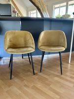 2x Polsterstuhl Samt senfgelb/gold – schwarze Metallbeine