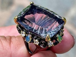 UNIKAT! 37ct Millenium Cut Fluorite Opals SS925 Vermeil Ring