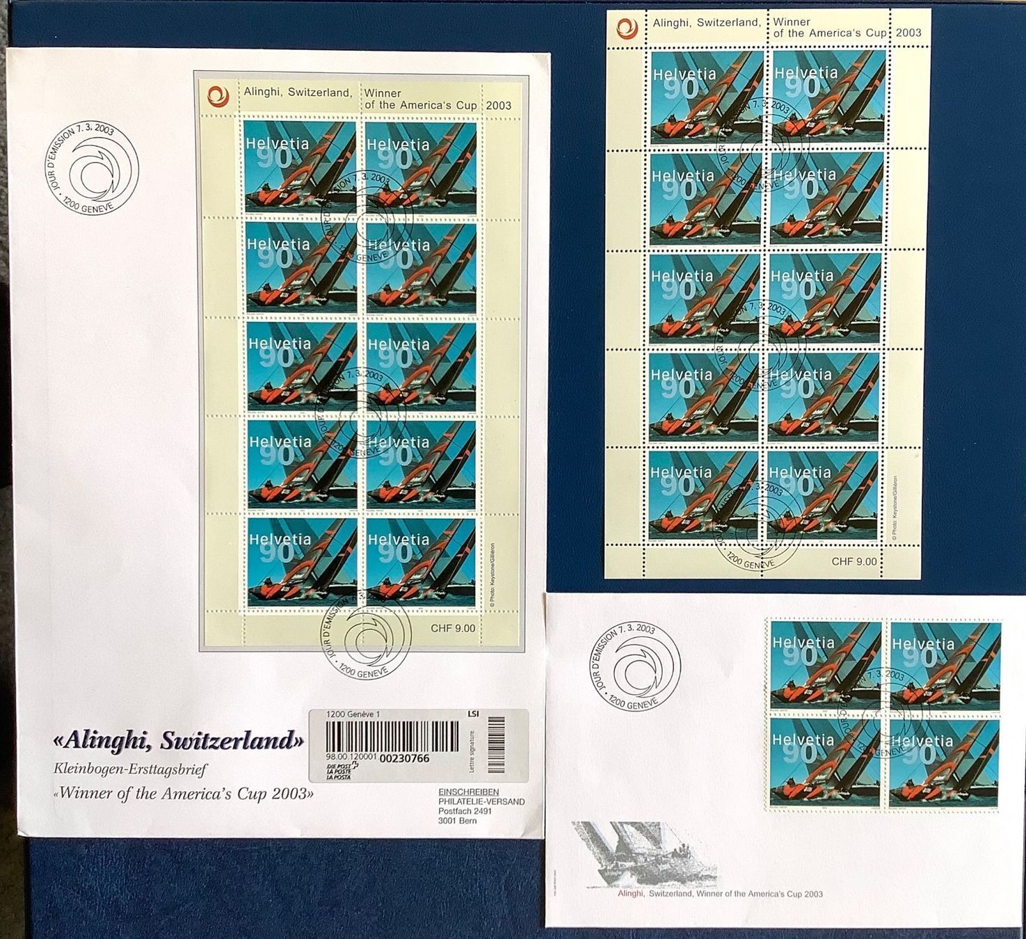 Alle Briefmarken: 2003 Alinghi FDC +Kleinbogen +FDC 4er – Neu (gemäss Beschreibung) aus Liestal von Pep3