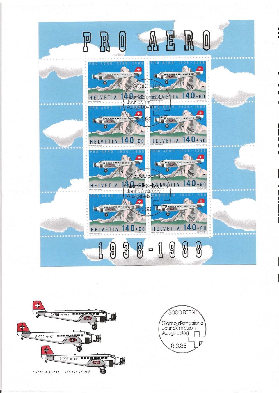 Tutti i francobolli: FDC Kleinbogen Pro Aero 1988 – Usato da Zürich venduto da Philacat11