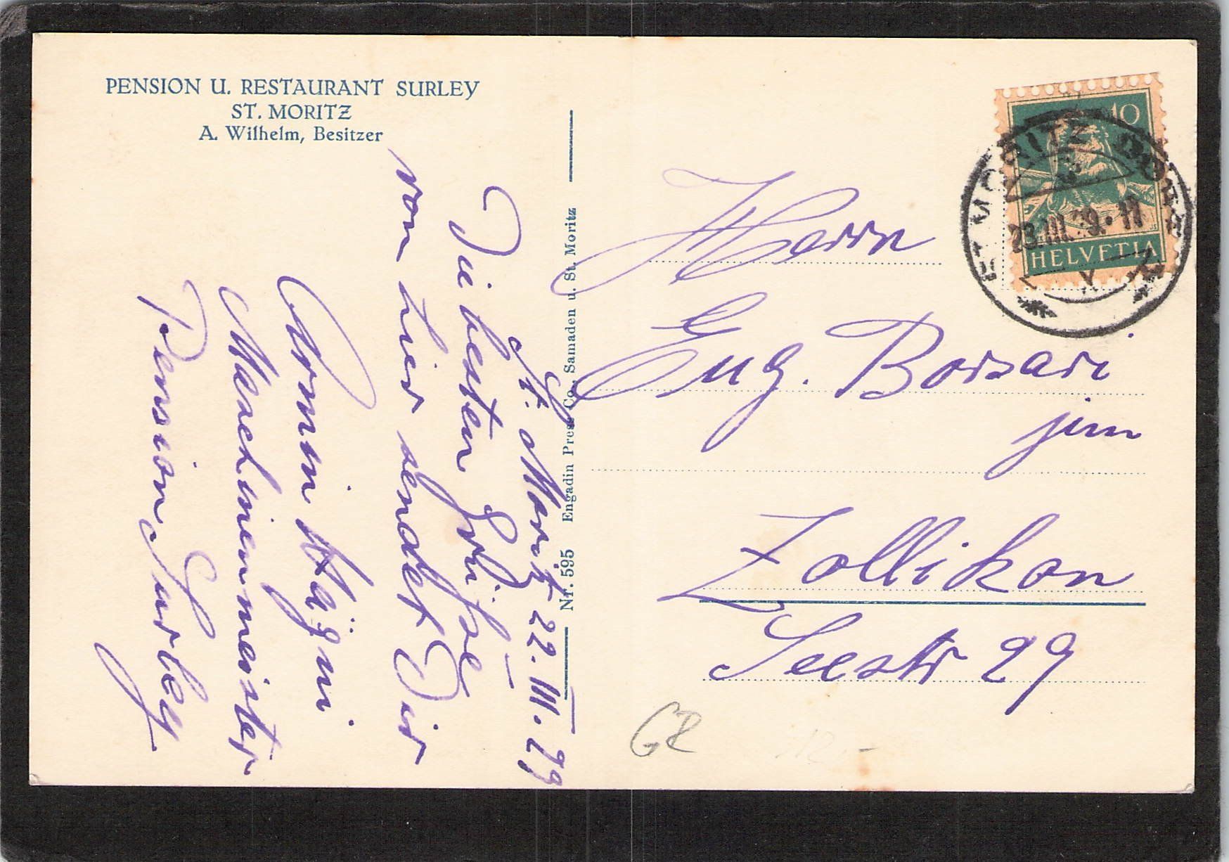 Ansichtskarten: St. Moritz GR , Pension & Restaurant Surley , gel. 1929 – Gebraucht aus Reichenburg von Pipo-67 1