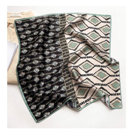 New 53cm Silk Scarf Green Black Taupe Geometric Print