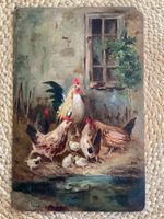 Peinture à l’huile, basse-cour, poules, Jacques Gruber