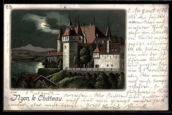 Cartoline postali: Mondschein-Lithographie Nyon, Le Chateau – Usato da Berlin venduto da bartko-reher