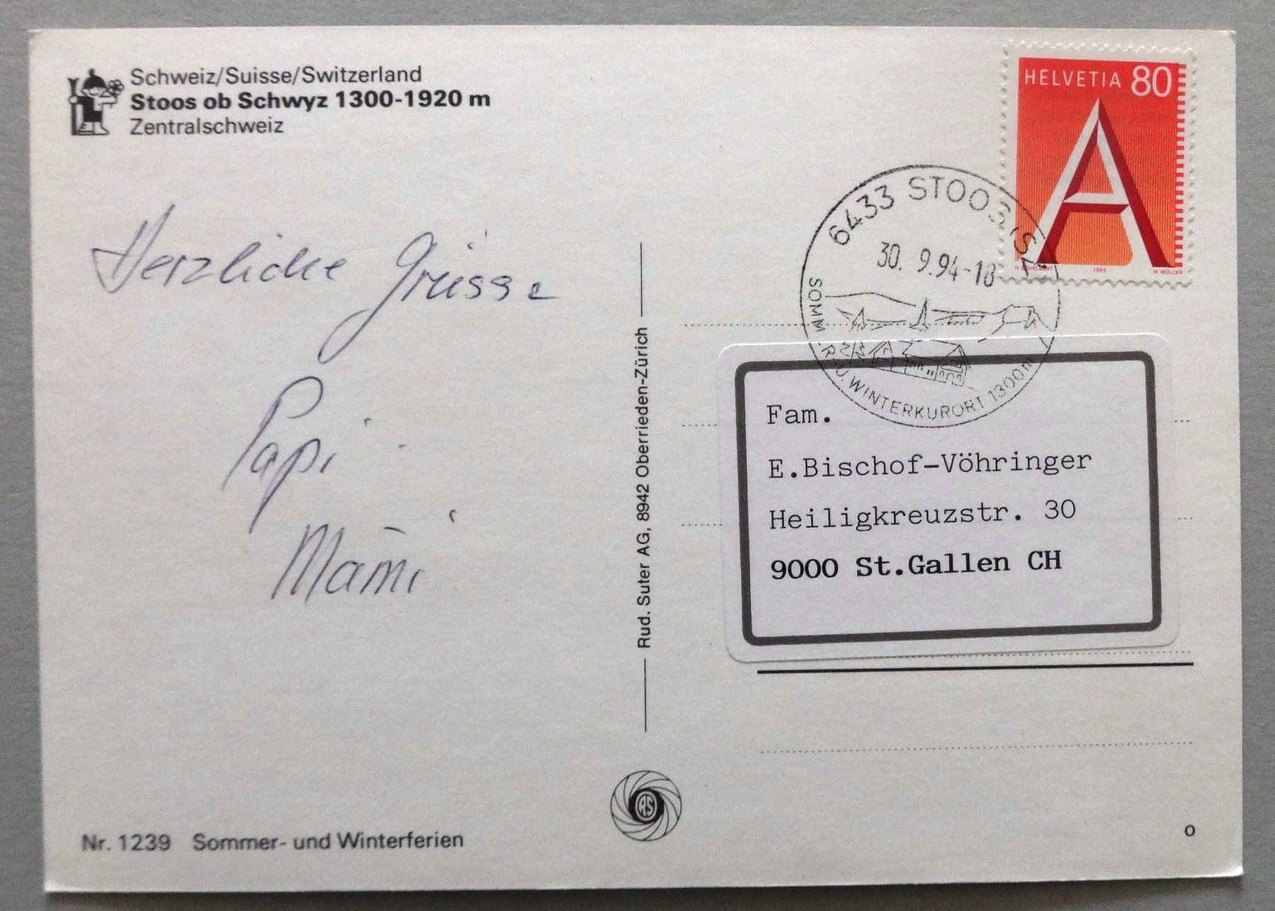 Cartoline postali: Stoos ob Schwyz 1300-1920 m – Usato da Fétigny venduto da Billy2miny 1