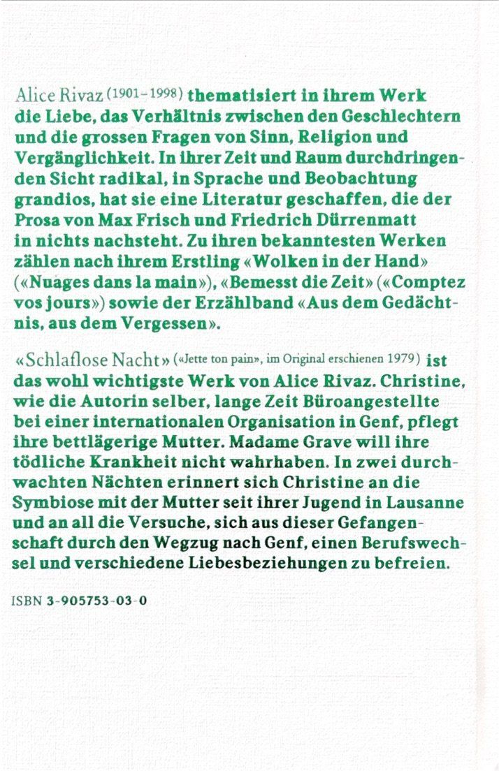 Libri: Rivaz Alice, Schlaflose Nacht – Nuovo (secondo la descrizione) da Sarnen venduto da Livres 1