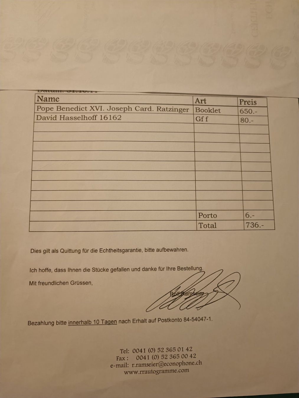 Autografi: Benedikt XVI / Joseph Ratzinger - handsigniert – Usato da Menziken venduto da Artographs 2