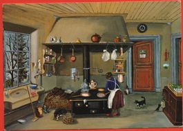 KUNST-POSTKARTE Kunstmalerin H. Güdel: Bäuerin beim Kochen