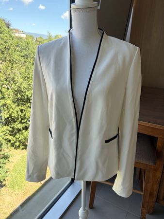 Elegant Stretch White Jacket with Navy Trim 