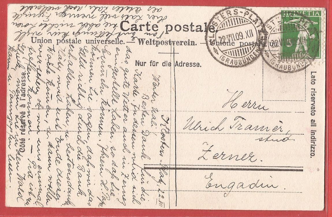 Cartoline postali: Klosters - Waldweg mit grossem Stein - 1909 – Usato da Fislisbach venduto da Porano 1