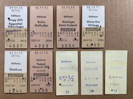 Schlieren, 9 alte Bahn Billette der SBB, alle entwertet