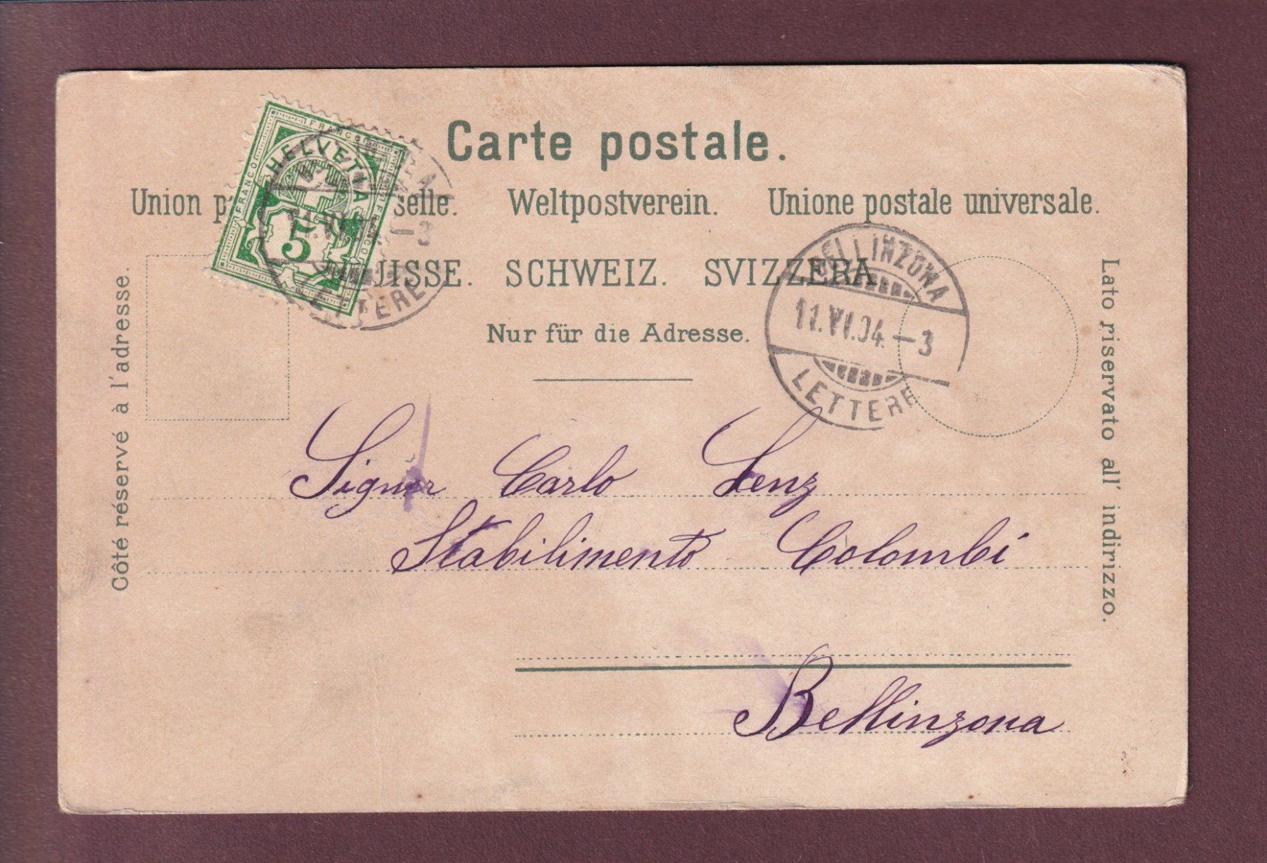 Cartoline postali: BELLINZONA - 1904 // pli // – Usato da Pully venduto da nicecards 1