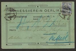 1907 Schiessverein OERLIKON Nachnahme Karte mit Ziffer +++