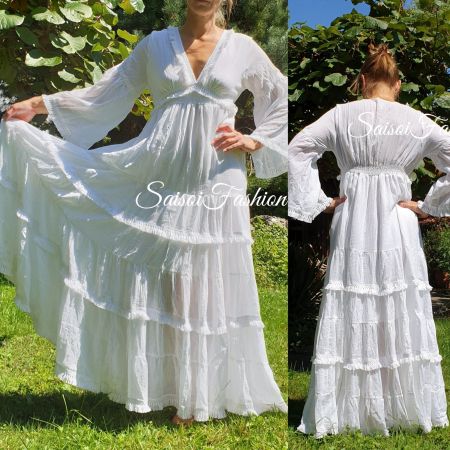 Sommer Boho luftig-leicht weissMaxikleid S-L100%BioBaumwolle