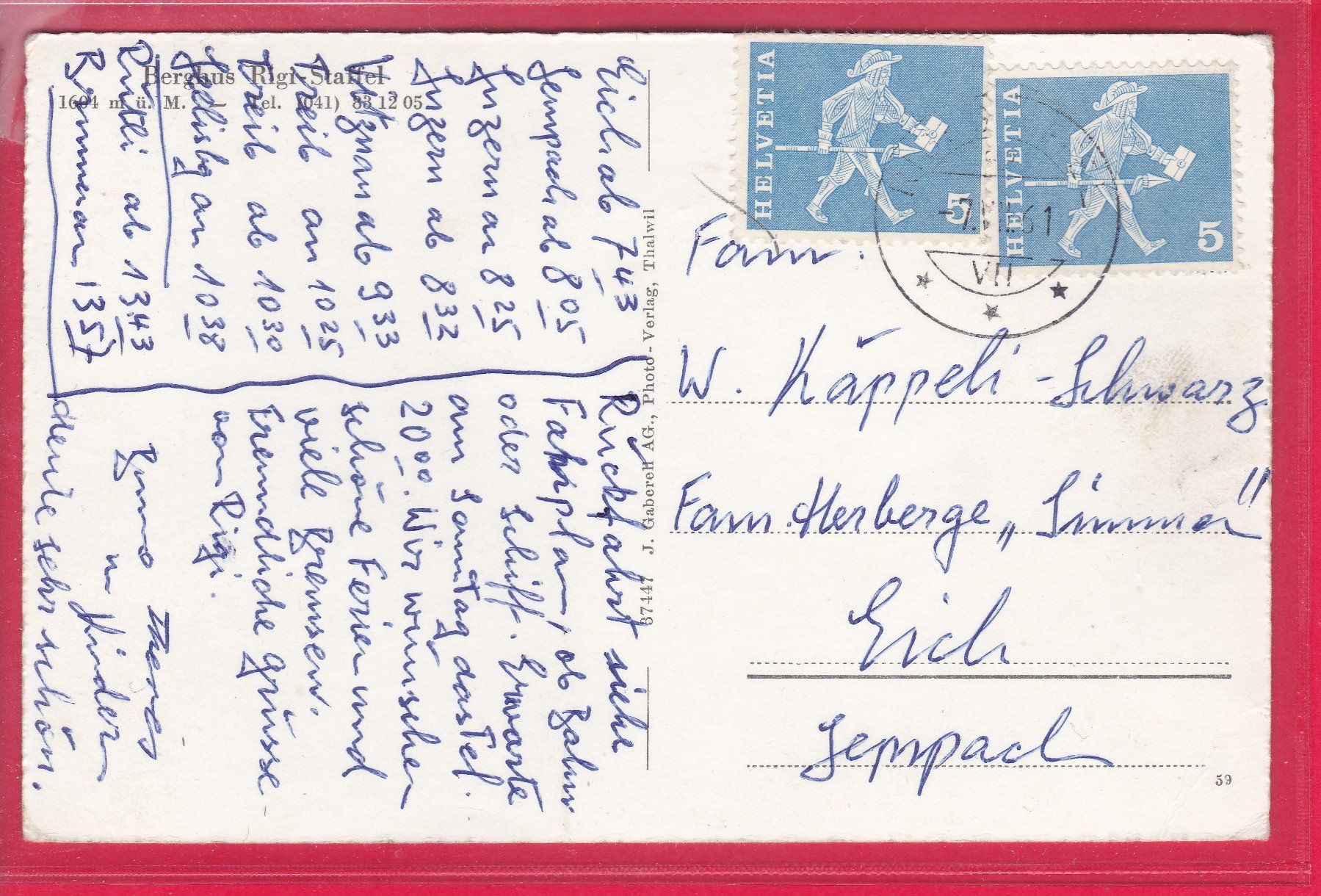Ansichtskarten: BERGUS RIGI - STAFFEL, 7.8.1961 – Gebraucht aus Oberrieden von Gebirgsstelze 1