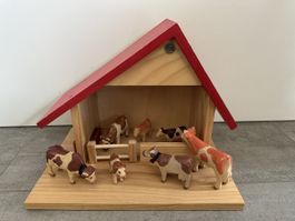 Maisonnette bois avec vaches figurines Heidi_land 7 pièces
