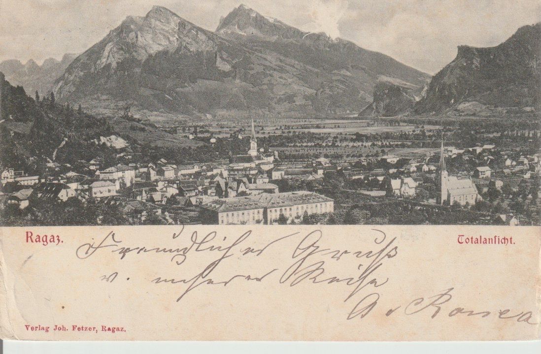 Cartoline postali: P 65 Ragaz, Totalansicht, 1902 – Usato da Freienbach venduto da Bhaltis