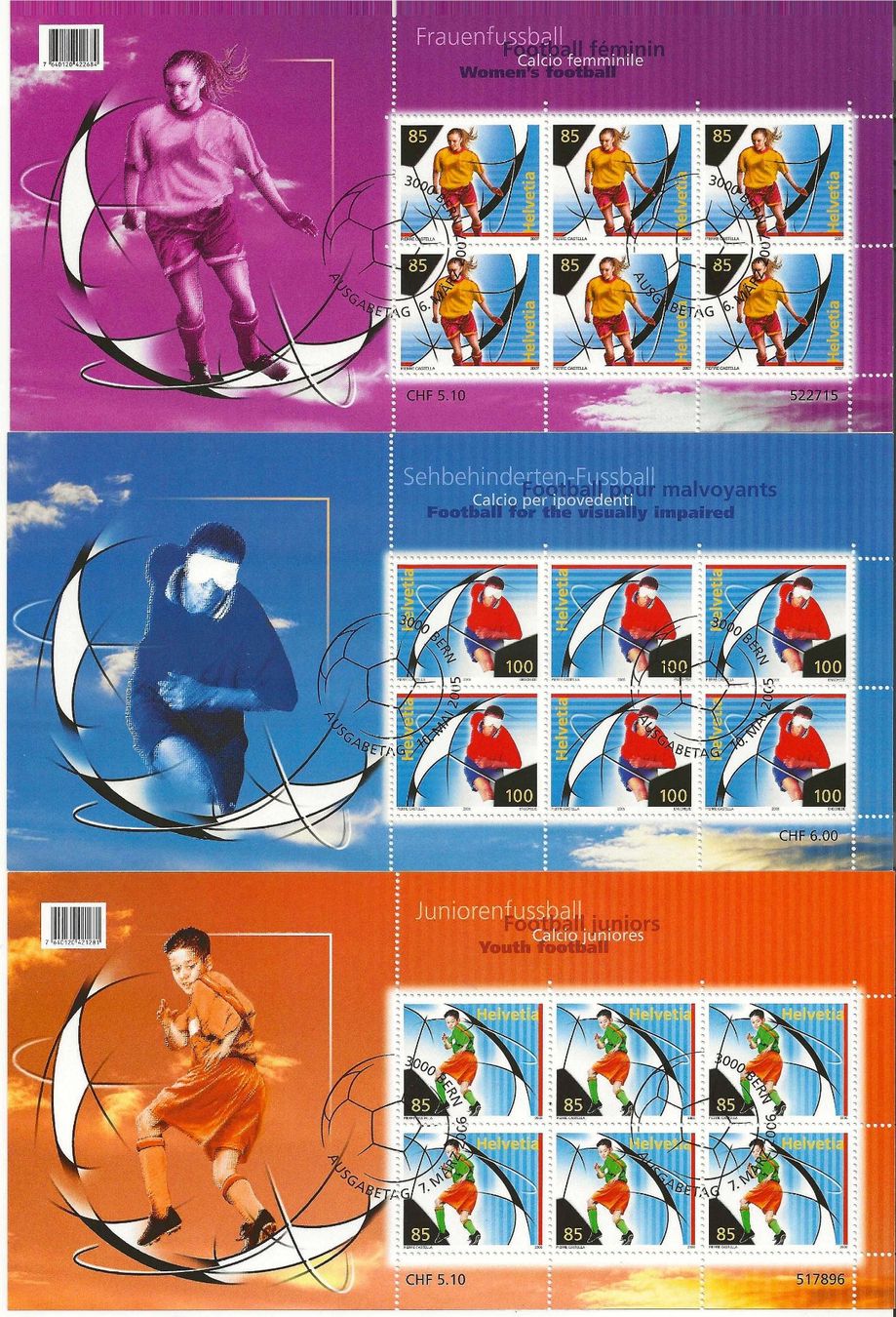 Tutti i francobolli: 3 Kleinbogen (Fussball 2005 /06/07 Ersttag – Usato da Zürich venduto da Philacat11