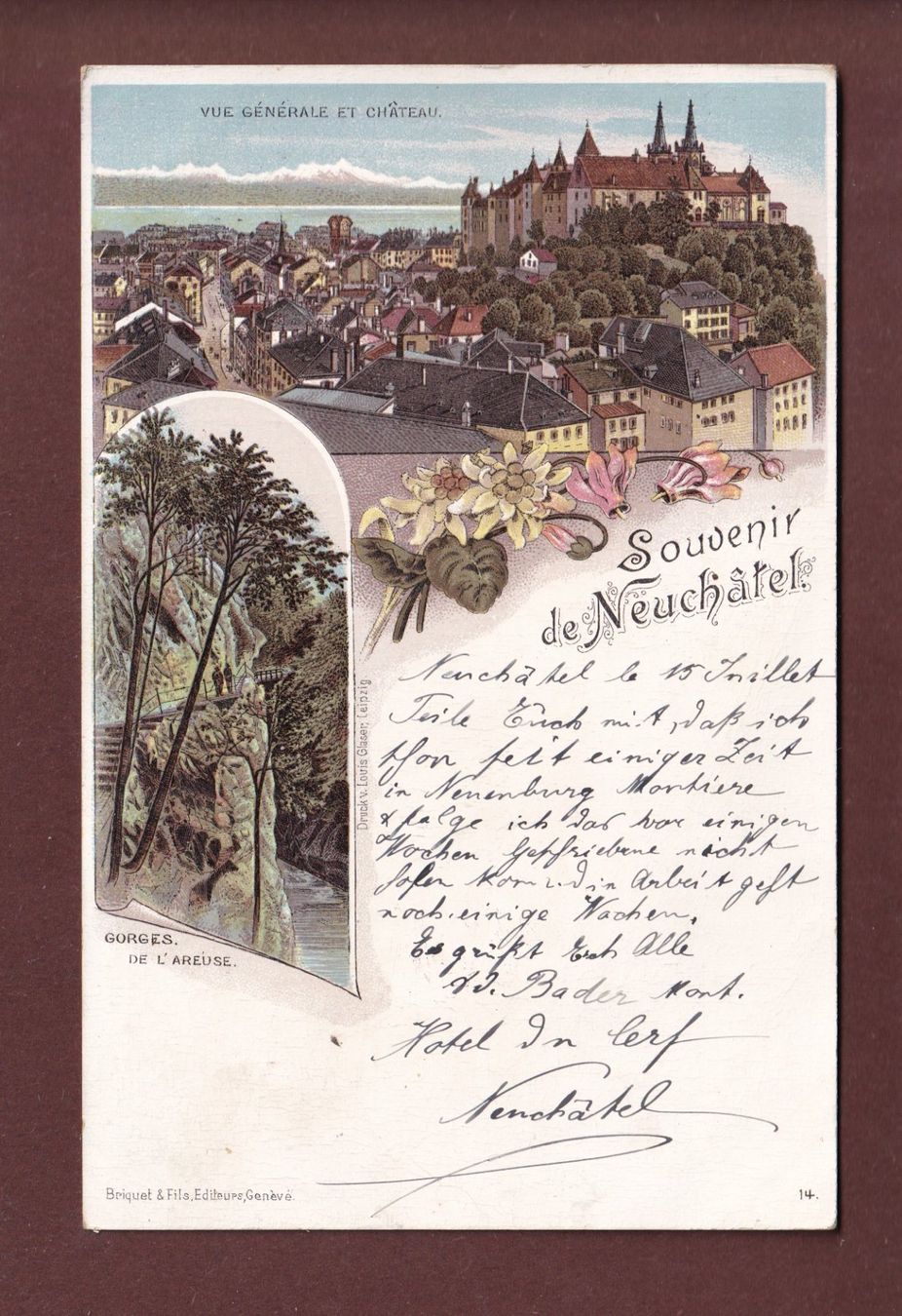 Cartoline postali: Souvenir de NEUCHÂTEL - 1900 Litho Briquet – Usato da Pully venduto da nicecards