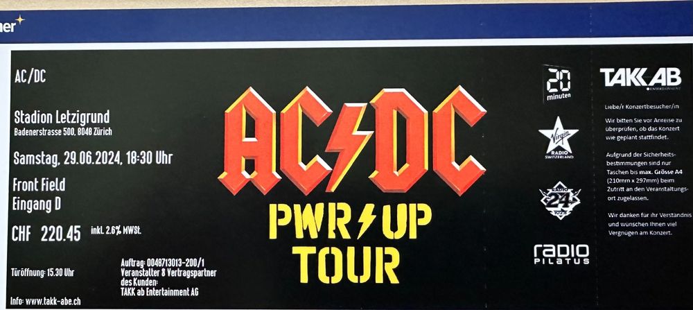 1 x AC/DC Front Field Eingang D in Zürich - 29.06.24 | Kaufen auf Ricardo
