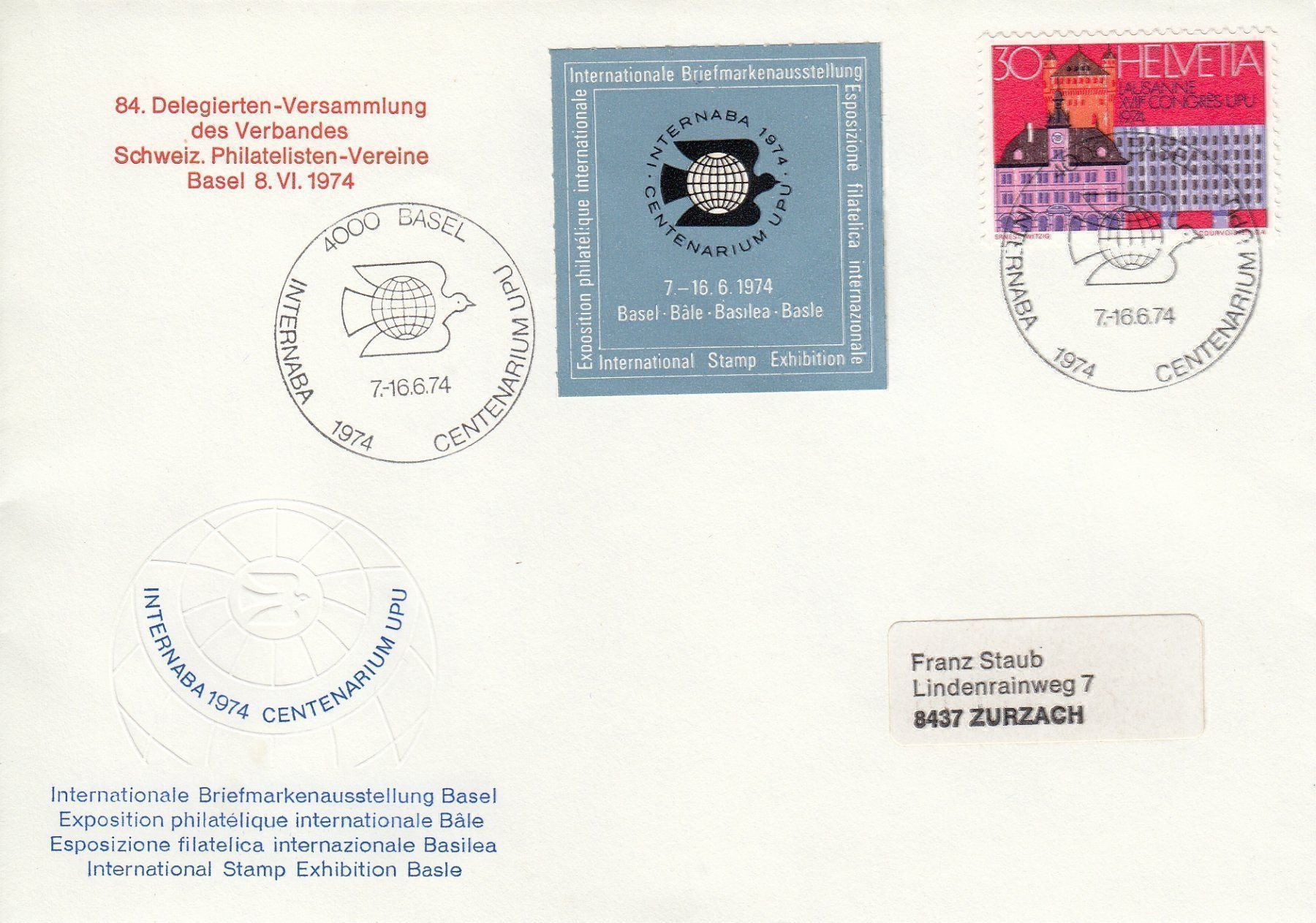 Tutti i francobolli: 1974 Internat. Briefmarkenausstellung BS – Usato da Spreitenbach venduto da Mustang_1105