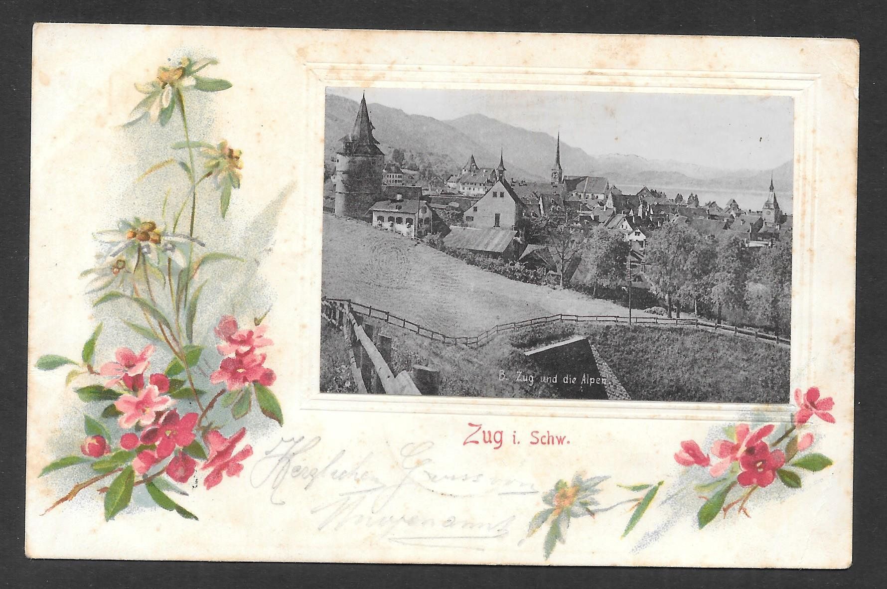 Cartoline postali: Zug verzierte Karte mit Blumen – Usato da Olten venduto da clotaldi