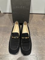 Gucci vintage loafers suede black gold details - size 38.5