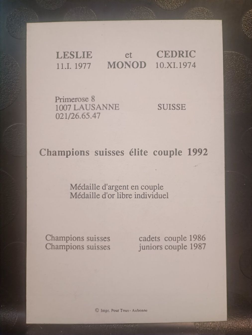 Autographes: Leslie & Cedric Monod - CH Meister 1992 - handsigniert – D'occasion à Menziken par Artographs 1