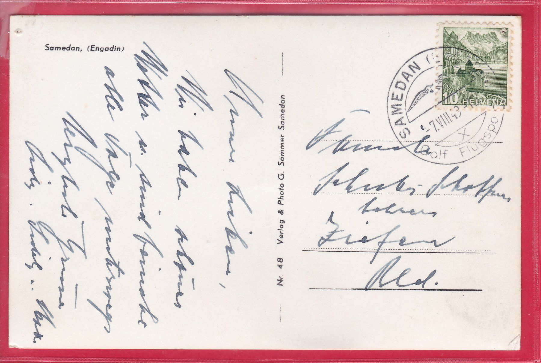 Cartoline postali: SAMEDAN (ENGADIN), 7.8.1949 – Usato da Oberrieden venduto da Gebirgsstelze 1