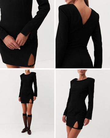 Elegant Black Mini Dress with Padded Shoulders - Size M