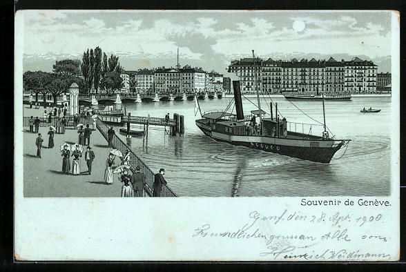 Cartes postales: Litho Genève, Uferpartie mit Dampfboot – D'occasion à Berlin par bartko-reher