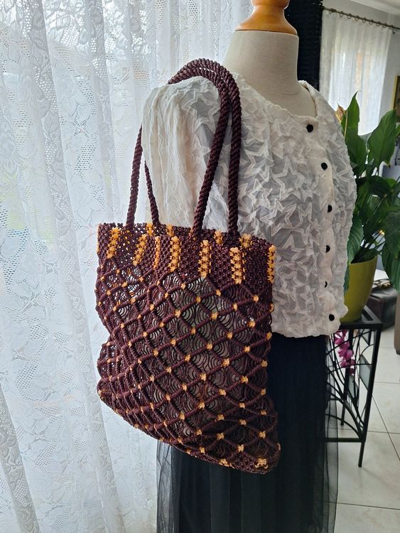 Sac Cabas Vintage En Macramé/jute - Motif Floral, Dimensions 39x28x9cm, Couleur Paille