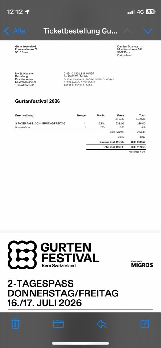 Biglietti: Gurtenfestival 26 Donnerstag/Freitag – Nuovo e nell'imballaggio originale da Bern venduto da monkeydee