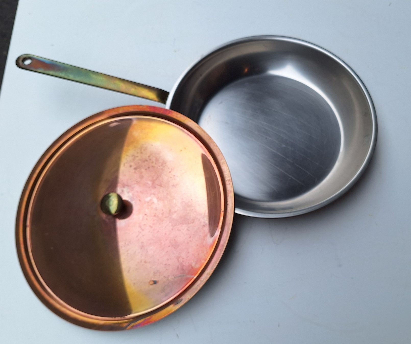 Padelle: Kupferpfanne mit Deckel, Messing Pfannenstiel – Usato da Weinfelden venduto da JoeBaer 1