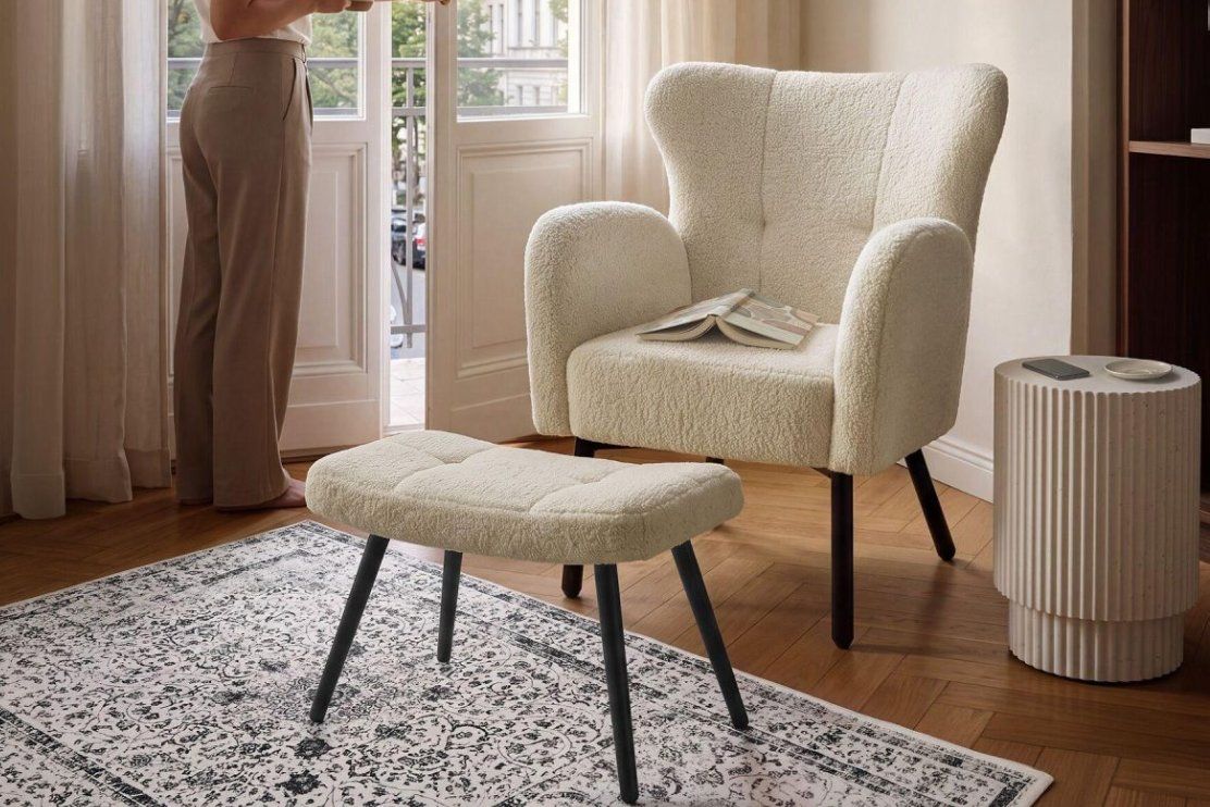 Sessel: Sessel mit Hocker Vänersborg Bouclé creme/schwarz – Neu (gemäss Beschreibung) aus Steinhausen von Retourenprofis