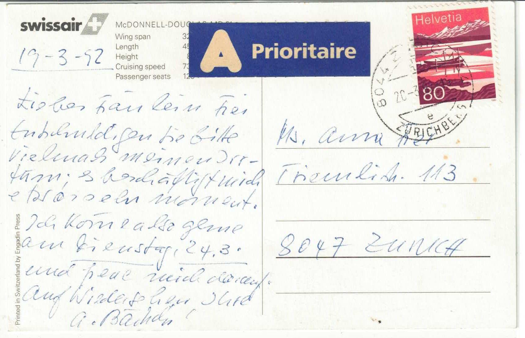 Cartoline postali: Swissair - McDonnel-Douglas DC-9-81 – Usato da Ettingen venduto da Kartenplanet 1