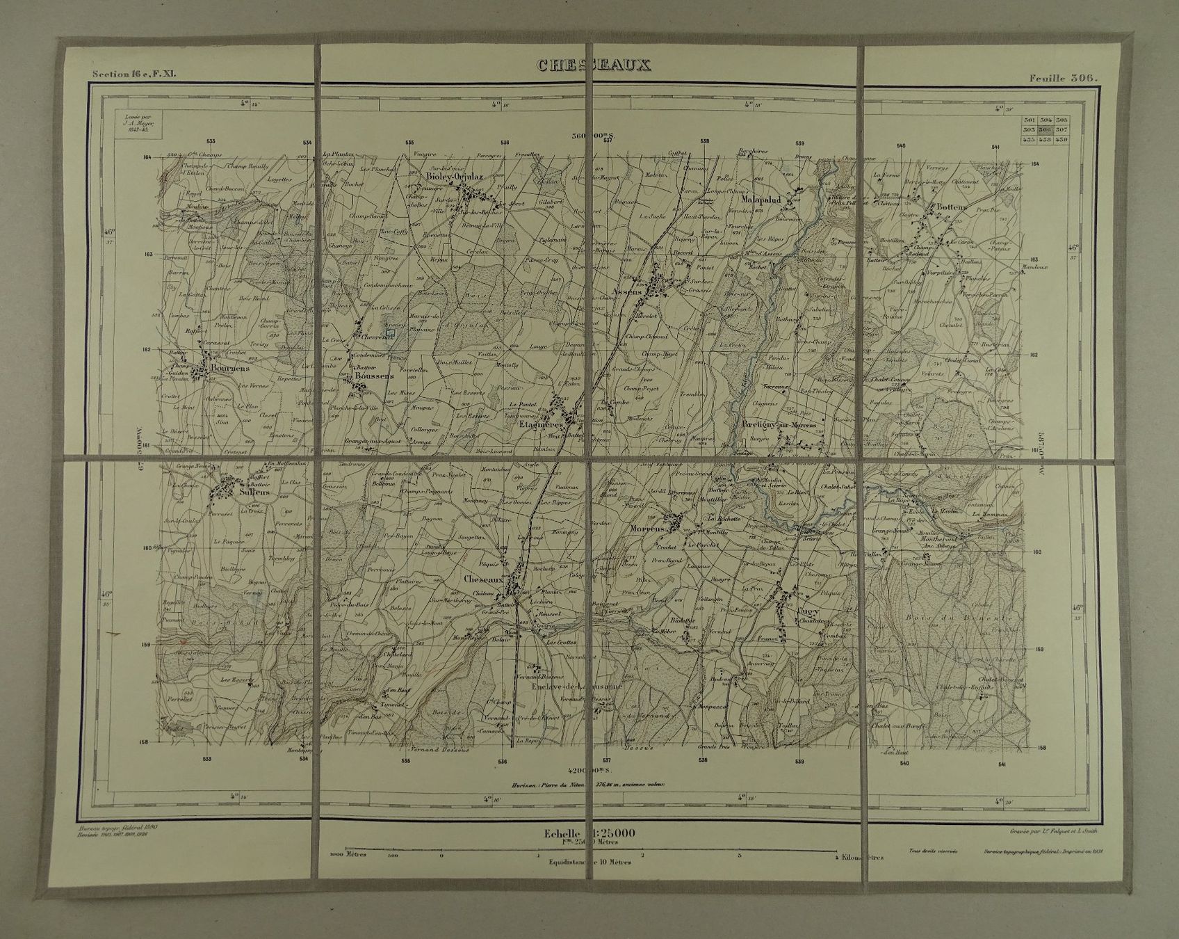 Cartine & Atlanti: CHESEAUX, BOTTENS, BOURNENS, MALAPALUD, MORRENS, 1931 – Usato da Grüningen venduto da Kartensammler