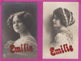 Emilie   - 2 alte Portraits- Namen - Karten mit Glizzer 1914