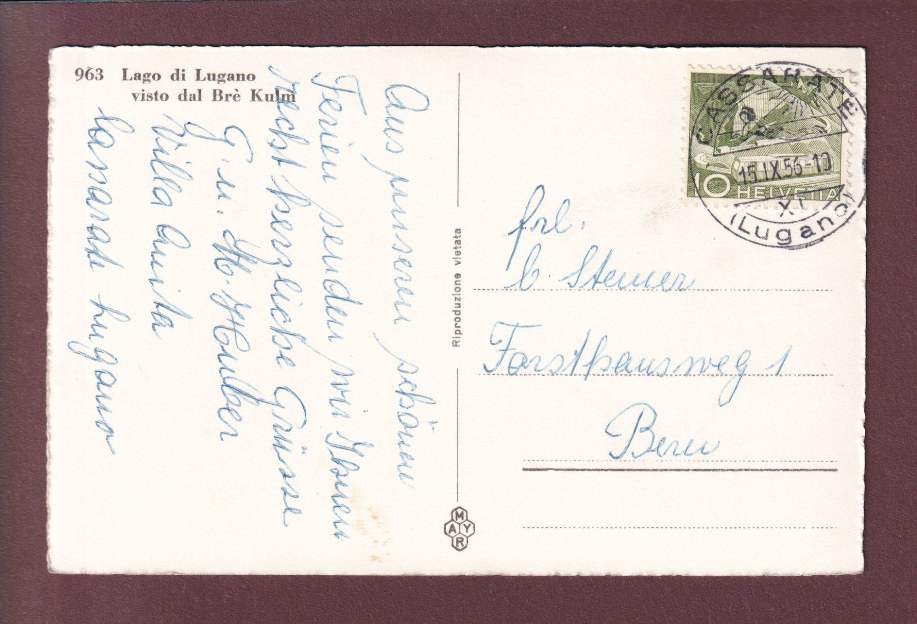 Ansichtskarten: MONTE BRE KULM - 1956 – Gebraucht aus Pully von nicecards 1