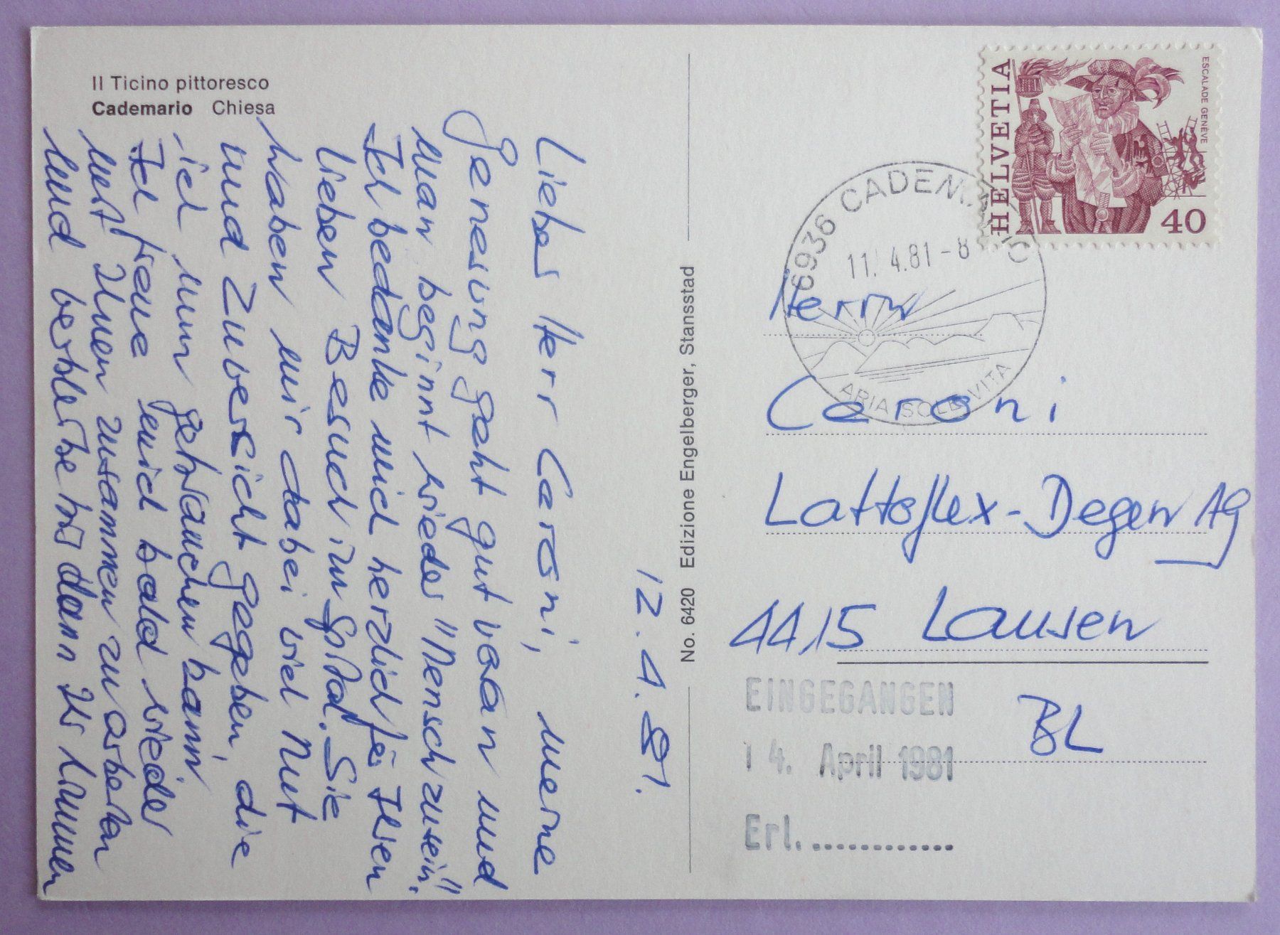 Cartoline postali: Cademario, Chiesa – Usato da Fétigny venduto da Billy2miny 1