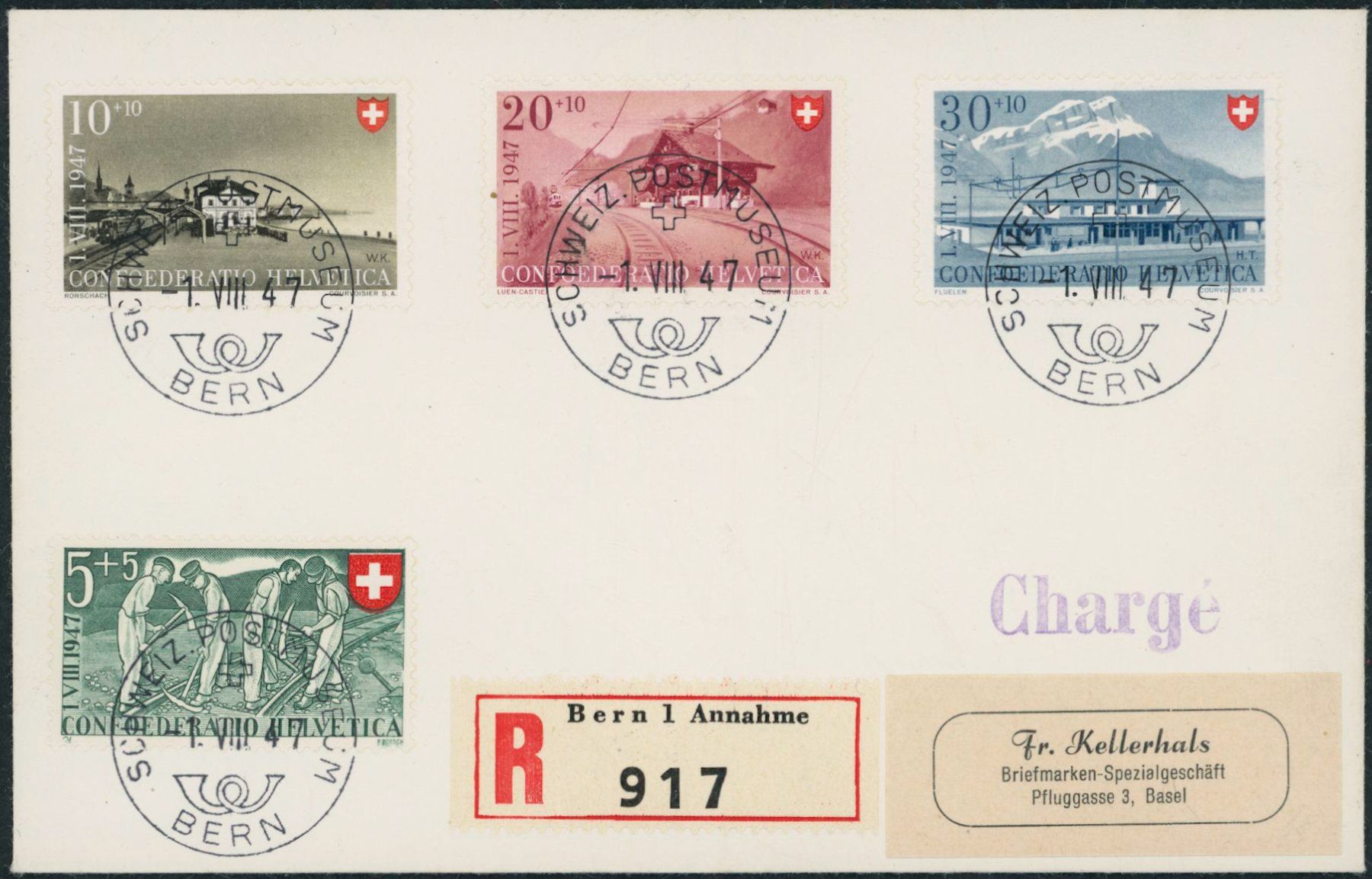 Tutti i francobolli: 1947 - Pro Patria - Brief - 1. August Stempel – Usato da Schindellegi venduto da leecollect