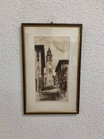 Antike Radierung mit Kirchturm Motiv im vergoldeten Rahmen