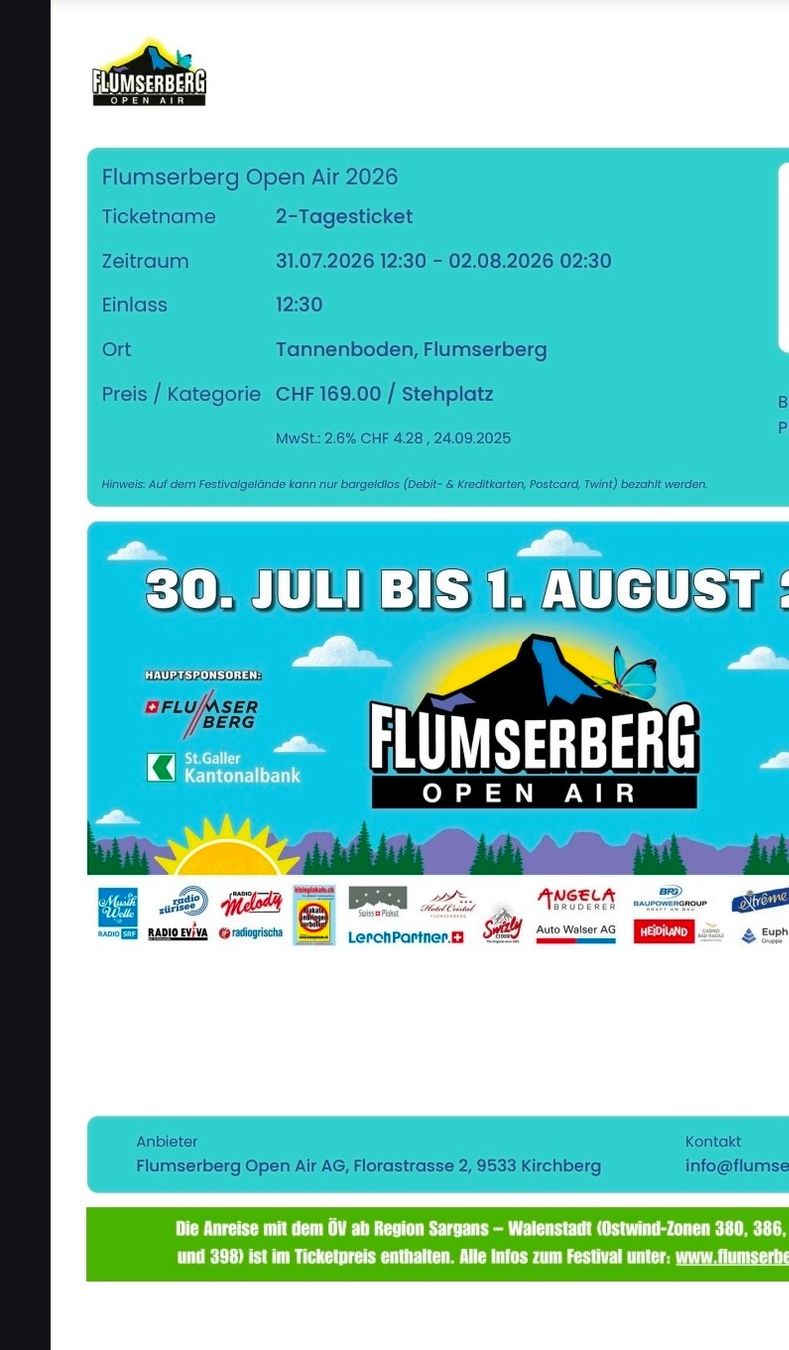 Biglietti: Openair Flumserberg 31.07-01.08. – Usato da Escholzmatt venduto da Hdy6182