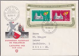 1955, W35 Lausanner-Block auf illustriertem Umschlag K:100.-