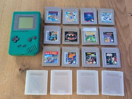 Game Boy Classic (DMG-01) in grün + 12 Spiele + 4 Hüllen