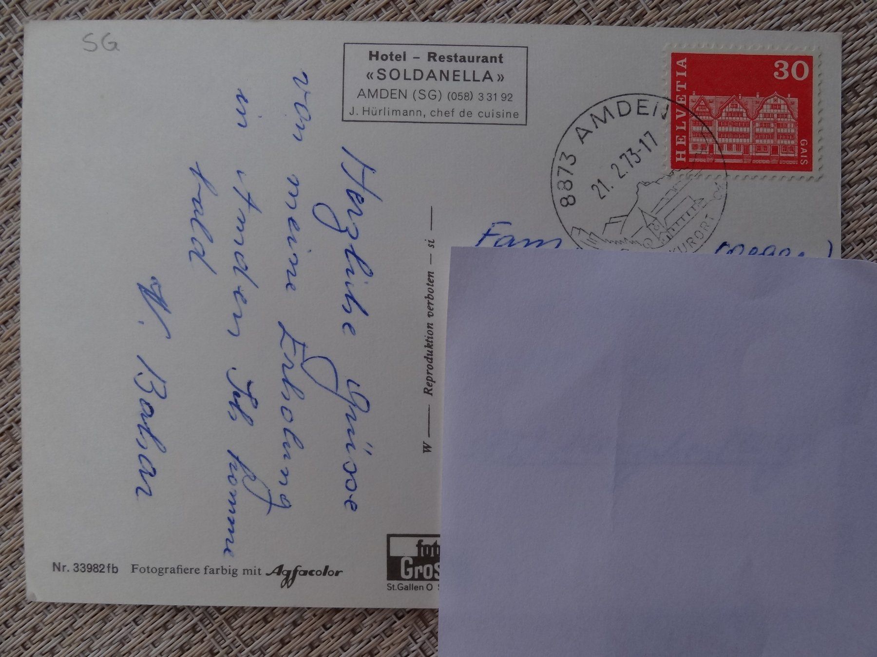 Cartoline postali: Amden - Restaurant Soldanella - 1973 – Usato da St Léonard venduto da Riglin 1