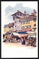 Künstler-AK Bern, Markt und Gebäude