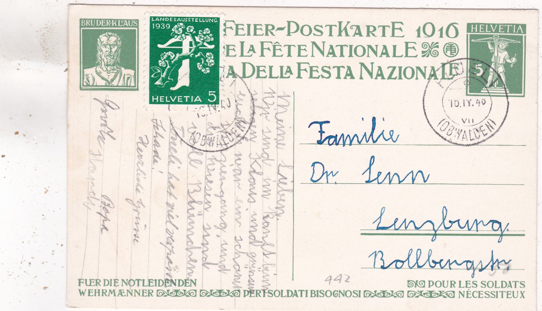 Cartoline postali: Bundesfeier Postkarte (1916) 1940 – Usato da Herisau venduto da Lisegrat2008 1